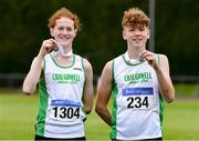 14 August 2021; Connor Penny from Craughwell AC, Galway, left, after winning gold in the boys under-14 75m Hurdles alongside his team-mate Sean Hoade who won silver during day six of the Irish Life Health National Juvenile Track & Field Championships at Tullamore Harriers Stadium in Tullamore, Offaly. Photo by Matt Browne/Sportsfile