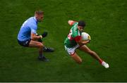 14 August 2021; Tommy Conroy of Mayo in action against Jonny Cooper of Dublin during the GAA Football All-Ireland Senior Championship semi-final match between Dublin and Mayo at Croke Park in Dublin. Photo by Stephen McCarthy/Sportsfile