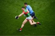 14 August 2021; Matthew Ruane of Mayo in action against Michael Fitzsimons of Dublin during the GAA Football All-Ireland Senior Championship semi-final match between Dublin and Mayo at Croke Park in Dublin. Photo by Stephen McCarthy/Sportsfile