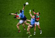 14 August 2021; Brian Fenton, left, and Paddy Small of Dublin in action against Matthew Ruane, left, and Michael Plunkett of Mayo during the GAA Football All-Ireland Senior Championship semi-final match between Dublin and Mayo at Croke Park in Dublin. Photo by Stephen McCarthy/Sportsfile