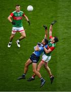 14 August 2021; James McCarthy of Dublin in action against Diarmuid O'Connor of Mayo during the GAA Football All-Ireland Senior Championship semi-final match between Dublin and Mayo at Croke Park in Dublin. Photo by Stephen McCarthy/Sportsfile
