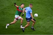 14 August 2021; Jonny Cooper of Dublin in action against Michael Plunkett of Mayo during the GAA Football All-Ireland Senior Championship semi-final match between Dublin and Mayo at Croke Park in Dublin. Photo by Stephen McCarthy/Sportsfile