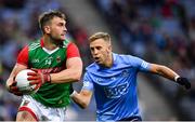 14 August 2021; Aidan O'Shea of Mayo in action against Jonny Cooper of Dublin during the GAA Football All-Ireland Senior Championship semi-final match between Dublin and Mayo at Croke Park in Dublin. Photo by Piaras Ó Mídheach/Sportsfile