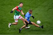 14 August 2021; Jonny Cooper of Dublin in action against Michael Plunkett of Mayo during the GAA Football All-Ireland Senior Championship semi-final match between Dublin and Mayo at Croke Park in Dublin. Photo by Stephen McCarthy/Sportsfile