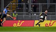 14 August 2021; Colm Basquel of Dublin shoots wide under pressure from Mayo goalkeeper Rob Hennelly during the GAA Football All-Ireland Senior Championship semi-final match between Dublin and Mayo at Croke Park in Dublin. Photo by Piaras Ó Mídheach/Sportsfile