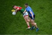 14 August 2021; John Small of Dublin collides with Eoghan McLaughlin of Mayo during the GAA Football All-Ireland Senior Championship semi-final match between Dublin and Mayo at Croke Park in Dublin. Photo by Stephen McCarthy/Sportsfile