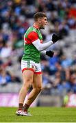 14 August 2021; Jordan Flynn of Mayo celebrates kicking a point during the GAA Football All-Ireland Senior Championship semi-final match between Dublin and Mayo at Croke Park in Dublin. Photo by Seb Daly/Sportsfile