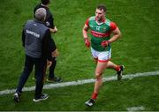 14 August 2021; Aidan O'Shea of Mayo passes Mayo manager James Horan after he is substituted in the second half of the GAA Football All-Ireland Senior Championship semi-final match between Dublin and Mayo at Croke Park in Dublin. Photo by Stephen McCarthy/Sportsfile