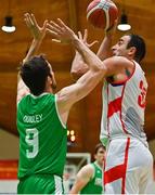 14 August 2021; Sam Buxton of Gibraltar in action against Eoin Quigley of Ireland during the FIBA Men’s European Championship for Small Countries day four match between Gibraltar and Ireland at National Basketball Arena in Tallaght, Dublin. Photo by Eóin Noonan/Sportsfile