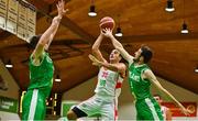 14 August 2021; Sam Buxton of Gibraltar in action against Eoin Quigley, left, and Jason Killeen of Ireland during the FIBA Men’s European Championship for Small Countries day four match between Gibraltar and Ireland at National Basketball Arena in Tallaght, Dublin. Photo by Eóin Noonan/Sportsfile