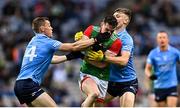 14 August 2021; Matthew Ruane of Mayo in action against Con O'Callaghan, left, and Tom Lahiff of Dublin during the GAA Football All-Ireland Senior Championship semi-final match between Dublin and Mayo at Croke Park in Dublin. Photo by Ramsey Cardy/Sportsfile