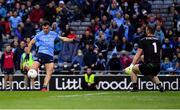 14 August 2021; Colm Basquel of Dublin shoots a wide past Mayo goalkeeper Rob Hennelly during the GAA Football All-Ireland Senior Championship semi-final match between Dublin and Mayo at Croke Park in Dublin. Photo by Ray McManus/Sportsfile