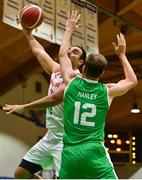14 August 2021; Sam Buxton of Gibraltar in action against Will Hanley of Ireland during the FIBA Men’s European Championship for Small Countries day four match between Gibraltar and Ireland at National Basketball Arena in Tallaght, Dublin. Photo by Eóin Noonan/Sportsfile