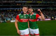 14 August 2021; James Carr, left, and Brendan Harrison of Mayo following their side's victory in the GAA Football All-Ireland Senior Championship semi-final match between Dublin and Mayo at Croke Park in Dublin. Photo by Ramsey Cardy/Sportsfile