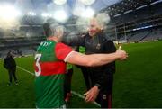 14 August 2021; Mayo manager James Horan, right, and Lee Keegan of Mayo following their side's victory in the GAA Football All-Ireland Senior Championship semi-final match between Dublin and Mayo at Croke Park in Dublin. Photo by Ramsey Cardy/Sportsfile