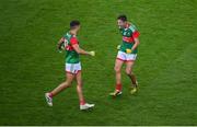 14 August 2021; Tommy Conroy, right, and Enda Hession of Mayo celebrate following the GAA Football All-Ireland Senior Championship semi-final match between Dublin and Mayo at Croke Park in Dublin. Photo by Stephen McCarthy/Sportsfile