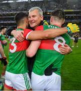 14 August 2021; Mayo manager James Horan celebrates with Tommy Conroy, left, and Matthew Ruane after their side's victory over Dublin in their GAA Football All-Ireland Senior Championship semi-final match at Croke Park in Dublin. Photo by Seb Daly/Sportsfile