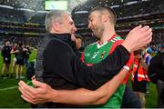 14 August 2021; Mayo manager James Horan, left, and Aidan O'Shea after their side's victory over Dublin in their GAA Football All-Ireland Senior Championship semi-final match at Croke Park in Dublin. Photo by Seb Daly/Sportsfile