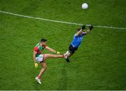 14 August 2021; Tommy Conroy of Mayo in action against David Byrne of Dublin during the GAA Football All-Ireland Senior Championship semi-final match between Dublin and Mayo at Croke Park in Dublin. Photo by Stephen McCarthy/Sportsfile