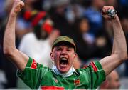 14 August 2021; A Mayo supporter, in the Cusack stand, celebrates a score during the GAA Football All-Ireland Senior Championship semi-final match between Dublin and Mayo at Croke Park in Dublin. Photo by Ray McManus/Sportsfile
