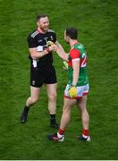 14 August 2021; Mayo goalkeeper Rob Hennelly and Darren Coen celebrate following the GAA Football All-Ireland Senior Championship semi-final match between Dublin and Mayo at Croke Park in Dublin. Photo by Stephen McCarthy/Sportsfile