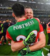 14 August 2021; James Durcan, 22, and Ryan O'Donoghue of Mayo celebrate the GAA Football All-Ireland Senior Championship semi-final match between Dublin and Mayo at Croke Park in Dublin. Photo by Ray McManus/Sportsfile
