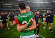 14 August 2021; James Durcan, 22, and Ryan O'Donoghue of Mayo celebrate the GAA Football All-Ireland Senior Championship semi-final match between Dublin and Mayo at Croke Park in Dublin. Photo by Ray McManus/Sportsfile