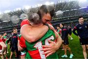 14 August 2021; Mayo players Aidan O'Shea, behind, and Ryan O'Donoghue celebrate after their victory in the GAA Football All-Ireland Senior Championship semi-final match between Dublin and Mayo at Croke Park in Dublin. Photo by Piaras Ó Mídheach/Sportsfile
