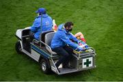 14 August 2021; Eoghan McLaughlin of Mayo is stretchered off from the pitch following a head injury during the GAA Football All-Ireland Senior Championship semi-final match between Dublin and Mayo at Croke Park in Dublin. Photo by Stephen McCarthy/Sportsfile