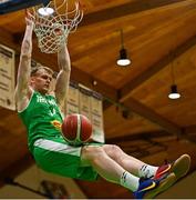 14 August 2021; John Carroll of Ireland dunks the ball during the FIBA Men’s European Championship for Small Countries day four match between Gibraltar and Ireland at National Basketball Arena in Tallaght, Dublin. Photo by Eóin Noonan/Sportsfile