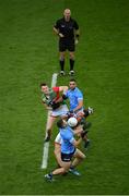 14 August 2021; Diarmuid O'Connor and Matthew Ruane, left, of Mayo contest the second half throw in from referee Conor Lane against Brian Fenton and James McCarthy, right, of Dublin during the GAA Football All-Ireland Senior Championship semi-final match between Dublin and Mayo at Croke Park in Dublin. Photo by Stephen McCarthy/Sportsfile