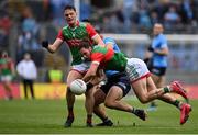 14 August 2021; Pádraig O'Hora and Matthew Ruane of Mayo in action against Brian Howard of Dublin during the GAA Football All-Ireland Senior Championship semi-final match between Dublin and Mayo at Croke Park in Dublin. Photo by Seb Daly/Sportsfile