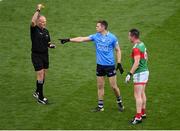 14 August 2021; Dean Rock of Dublin is shown a yellow card by referee Conor Lane during the GAA Football All-Ireland Senior Championship semi-final match between Dublin and Mayo at Croke Park in Dublin. Photo by Stephen McCarthy/Sportsfile