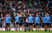 14 August 2021; Dublin players, from left, Cormac Costello, James McCarthy, Brian Fenton, Evan Comerford, Brian Howard, Jonny Cooper, Con O'Callaghan and Ciarán Kilkenny before the GAA Football All-Ireland Senior Championship semi-final match between Dublin and Mayo at Croke Park in Dublin. Photo by Ramsey Cardy/Sportsfile