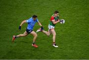 14 August 2021; Lee Keegan of Mayo in action against Colm Basquel of Dublin during the GAA Football All-Ireland Senior Championship semi-final match between Dublin and Mayo at Croke Park in Dublin. Photo by Stephen McCarthy/Sportsfile