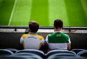 15 August 2021; Offaly supporters await the start of the 2021 Eirgrid GAA Football All-Ireland U20 Championship Final match between Roscommon and Offaly at Croke Park in Dublin. Photo by Stephen McCarthy/Sportsfile