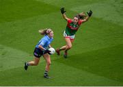 14 August 2021; Siobhán Killeen of Dublin in action against Niamh Kelly of Mayo during the TG4 Ladies Football All-Ireland Championship semi-final match between Dublin and Mayo at Croke Park in Dublin. Photo by Stephen McCarthy/Sportsfile
