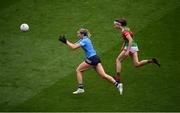 14 August 2021; Jennifer Dunne of Dublin in action against Ciara Whyte of Mayo during the TG4 Ladies Football All-Ireland Championship semi-final match between Dublin and Mayo at Croke Park in Dublin. Photo by Stephen McCarthy/Sportsfile
