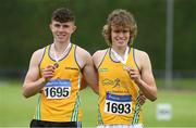 14 August 2021; Diarmuid Duffy, right, of Lake District AC, Mayo who won gold in the under-17 Javelin and his team-mate Oisin Joyce who won silver during day six of the Irish Life Health National Juvenile Track & Field Championships at Tullamore Harriers Stadium in Tullamore, Offaly. Photo by Matt Browne/Sportsfile