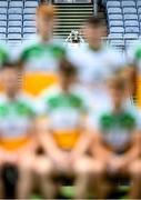 15 August 2021; The cup sits in the Hogan Stand as Offaly players have their squad photograph taken before the 2021 Eirgrid GAA Football All-Ireland U20 Championship Final match between Roscommon and Offaly at Croke Park in Dublin. Photo by Stephen McCarthy/Sportsfile