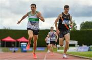 15 August 2021; Ollian Kirwin of Raheny Shamrock AC, Dublin, left, on his way to winning the Men's 1500m, ahead of Johnny Whan of Clonliffe Harriers AC, Dublin, who finished second, during the Irish Life Health National League Final at Tullamore Harriers Stadium in Tullamore, Offaly. Photo by Sam Barnes/Sportsfile