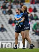 14 August 2021; Dublin players Lyndsey Davey, left, and Ciara Trant celebrate after their side's victory over Mayo in their TG4 Ladies Football All-Ireland Championship semi-final match at Croke Park in Dublin. Photo by Seb Daly/Sportsfile