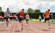 15 August 2021; Cathal Crosbie of Ennis Track, Clare, second from left, dips for the line on his way to winning the Men's 400m, ahead of Paul White of Nenagh Olympic AC, Tipperary, far right, who finished second, and Zak Curran of Dundrum South Dublin AC, far left, who finished third, during the Irish Life Health National League Final at Tullamore Harriers Stadium in Tullamore, Offaly. Photo by Sam Barnes/Sportsfile
