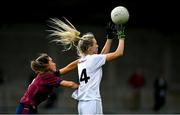 15 August 2021; Neasa Dooley of Kildare in action against Tara Fagan of Westmeath during the TG4 All-Ireland Senior Ladies Football Championship Semi-Final match between Kildare and Westmeath at Parnell Park in Dublin. Photo by Brendan Moran/Sportsfile