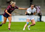 15 August 2021; Lara Curran of Kildare in action against Lorraine Duncan of Westmeath during the TG4 All-Ireland Senior Ladies Football Championship Semi-Final match between Kildare and Westmeath at Parnell Park in Dublin. Photo by Brendan Moran/Sportsfile