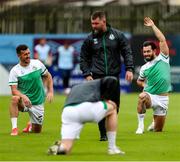 15 August 2021; Richie Towell, right, and Aaron Greene of Shamrock Rovers during the warm-up before the SSE Airtricity League Premier Division match between Drogheda United and Shamrock Rovers at Head in the Game Park in Drogheda, Louth. Photo by Michael P Ryan/Sportsfile