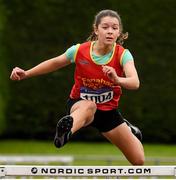 14 August 2021; Louise Mullins of Fanahan McSweeney AC, Cork, on her way to winning the under-14 girls 75m Hurdles during day six of the Irish Life Health National Juvenile Track & Field Championships at Tullamore Harriers Stadium in Tullamore, Offaly. Photo by Matt Browne/Sportsfile