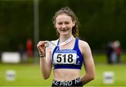 14 August 2021; Riona Doherty of Finn Valley AC, Donegal, after winning the girls under-15 80m Hurdles during day six of the Irish Life Health National Juvenile Track & Field Championships at Tullamore Harriers Stadium in Tullamore, Offaly. Photo by Matt Browne/Sportsfile