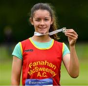 14 August 2021; Louise Mullins of Fanahan McSweeney AC, Cork, after winning the under-14 girls 75m Hurdles during day six of the Irish Life Health National Juvenile Track & Field Championships at Tullamore Harriers Stadium in Tullamore, Offaly. Photo by Matt Browne/Sportsfile