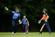 15 August 2021; Mary Waldron of Typhoons celebrates the wicket of Caoimhe McCann of Scorchers during the Arachas Super Series 2021 Super 20 round 5 match between Typhoons and Scorchers at North Kildare Cricket Club in Kilcock, Kildare. Photo by Ramsey Cardy/Sportsfile